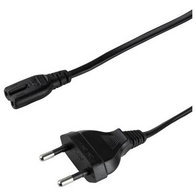 Een zwarte elektrische stroomkabel met een tweepens Europese stekker aan de ene kant en een tweepins connector aan de andere kant, gebruikt voor elektronische apparaten.