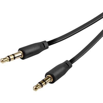Twee zwarte audiokabels met vergulde 3,5 mm connectoren, gebruikt voor het overdragen van stereogeluid, op een witte achtergrond.