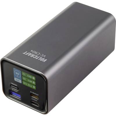 Een rechthoekige powerbank met meerdere oplaadpoorten gemerkt als C1, C2, A1, met een batterijniveauindicator op het voorpaneel.