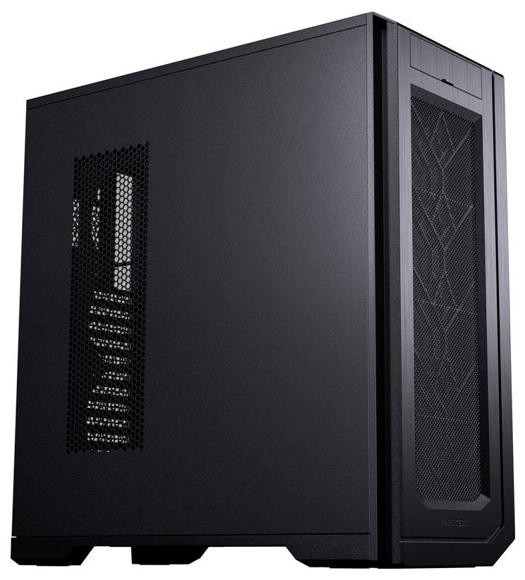 Een slanke zwarte computertoren met een geperforeerd frontpaneel en zijventilatie voor koeling, ontworpen voor high-performance of gaming doeleinden.