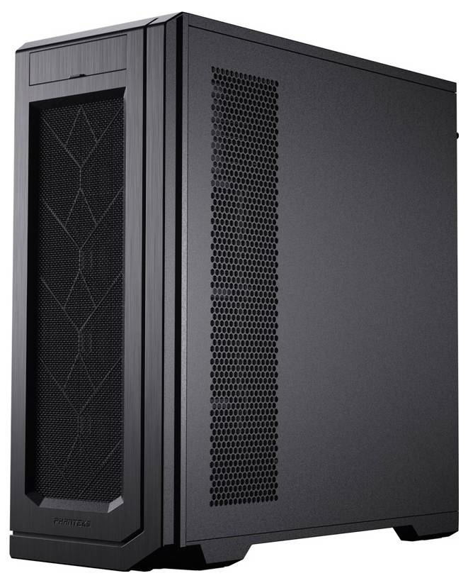 Een zwarte desktopcomputer-toren met een mesh voorpaneel en zijventilatieopeningen, ontworpen voor efficiënte koeling, geplaatst op een witte achtergrond.