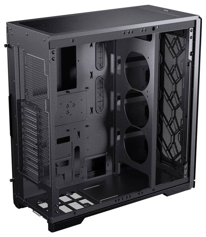 Een zwarte, lege computerbehuizing met zijventilatiepaneel en meerdere ventilatorsleuven, geschikt voor het bouwen van een desktop-pc met aanpasbare luchtstroom.