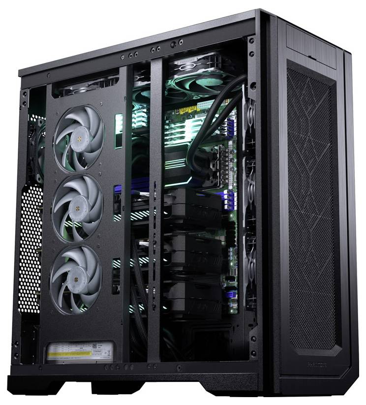 Een gamingcomputer-toren met een transparant zijpaneel, waarbij meerdere koelventilatoren, oplichtende componenten en netjes georganiseerde kabels van binnen zichtbaar zijn.