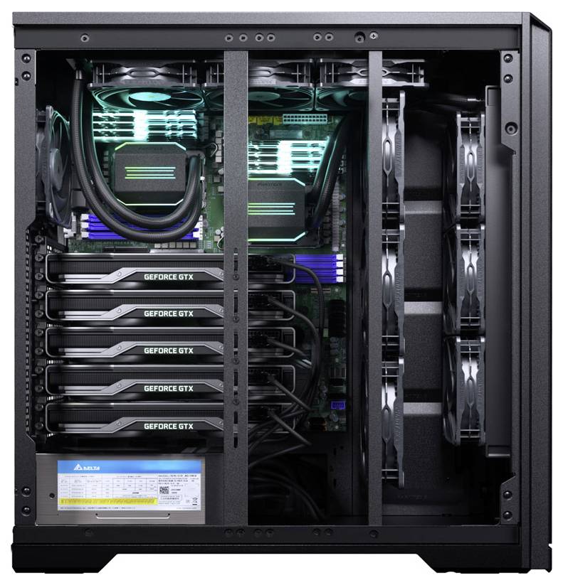 'High-performance computerbehuizing met meerdere GeForce GTX-videokaarten en geavanceerd koelsysteem.'
