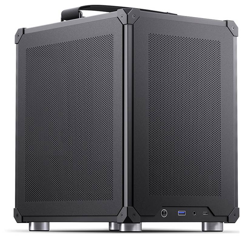 Een zwarte, kubevormige computerbehuizing met mesh-panelen en poorten aan de onderkant. Hij beschikt over handgrepen aan de bovenkant, ontworpen voor gemakkelijk transport.