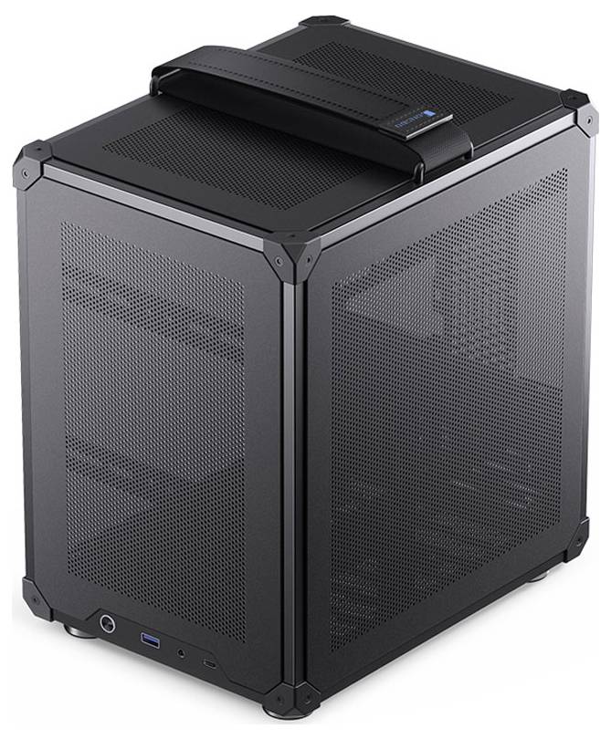 Een zwarte, rechthoekige computertoren met mesh zijkanten en een handgreep bovenop, wat draagbaarheid en ventilatie suggereert.