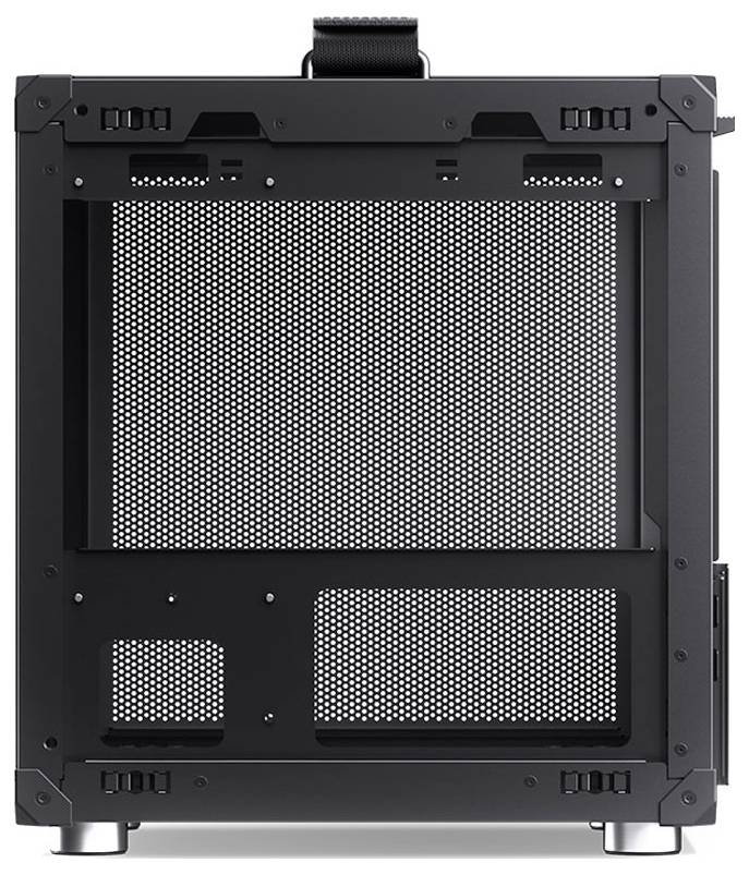 Een zwarte, rechthoekige computerbehuizing met een mesh voorpaneel dat ventilatie ondersteunt. Hij heeft een handgreep bovenop en staat op vier voeten.