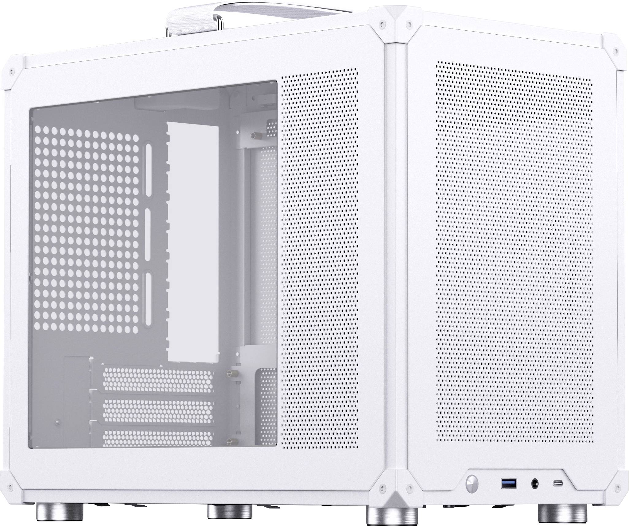 Een witte, kubevormige computerbehuizing met een transparant zijpaneel dat de interne sleuven en poorten toont. De voorkant beschikt over een USB-poort.