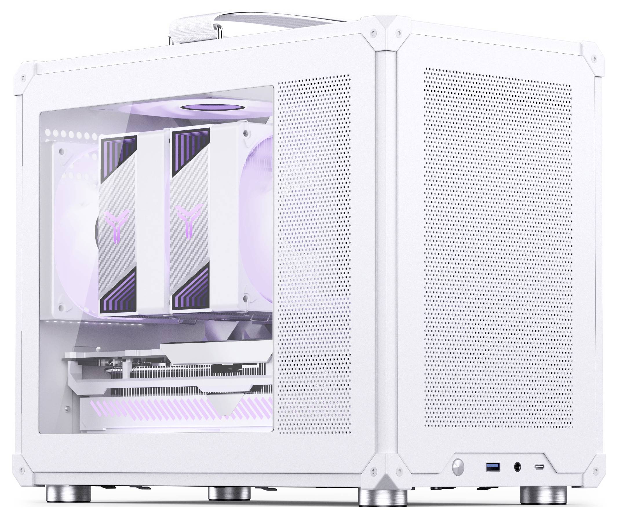 Witte computerbehuizing met gehard glazen paneel, waarbij de interne componenten zichtbaar zijn, inclusief twee ventilatoren en een videokaart die een zacht paars licht uitstraalt.