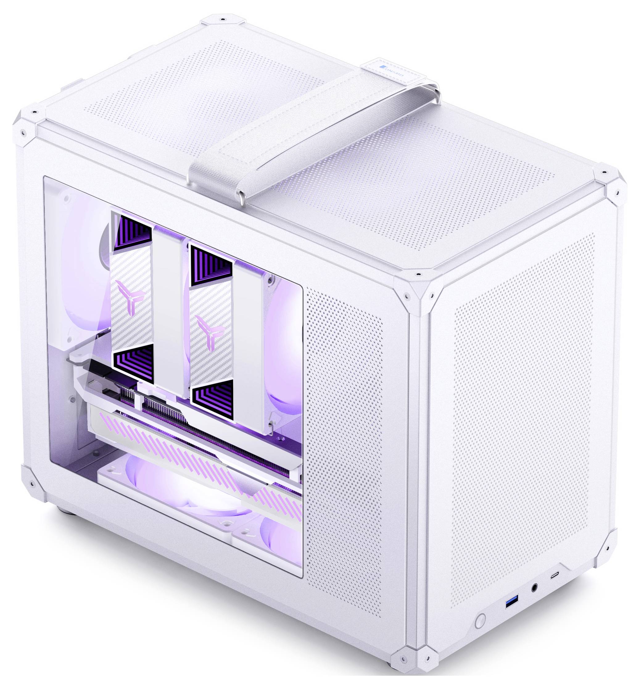 Een witte computerbehuizing met een handgreep, voorzien van zichtbare ventilatoren en videokaarten die paars licht uitzenden, wat wijst op geavanceerde koeling en ontwerp.