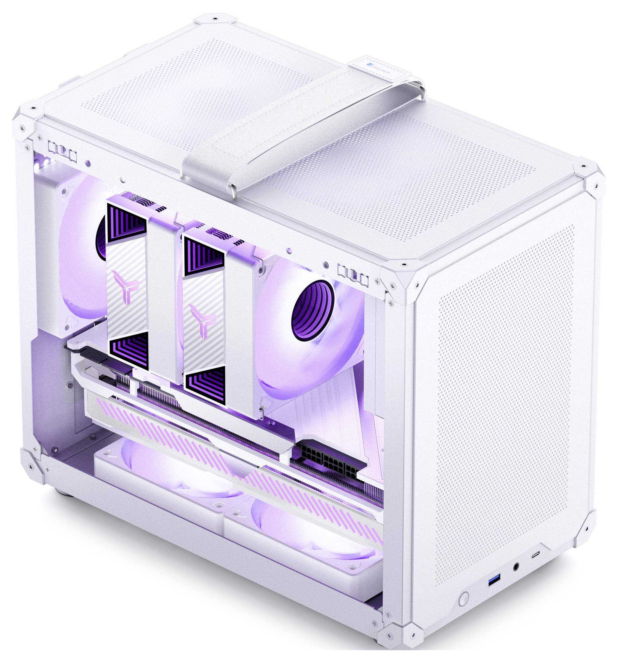 Witte compacte desktopcomputer behuizing met gaaspanelen, twee koelventilatoren en LED-verlichting, bekeken onder een hoek met een handgreep bovenop.