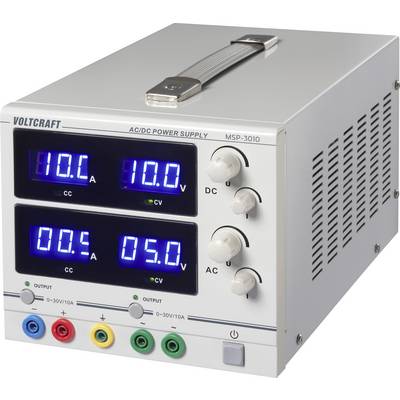Een tweekanaals AC/DC-voeding met digitale displays die uitgangen tonen van 10 volt en 5 ampère voor beide kanalen. Vier bedieningsknoppen inbegrepen.