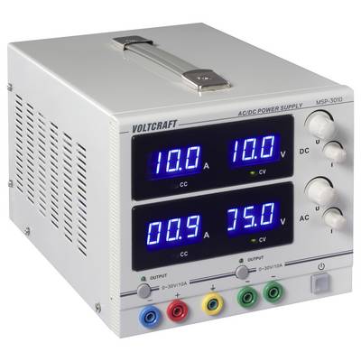 Een digitale voltmeter die waarden voor spanning, stroom en vermogen weergeeft. Hij toont '10,0 A' en '100 V' op twee schermen met verschillende bedieningsknoppen.