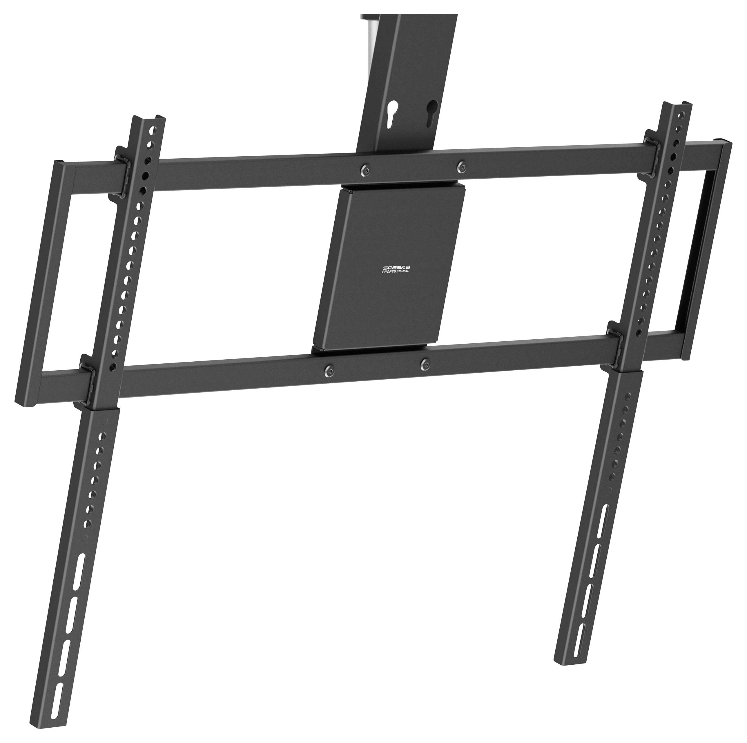 Een zwarte TV-wandsteun met verstelbare armen, geschikt voor het stevig vasthouden van een flatscreen tv, getoond zonder tv bevestigd.