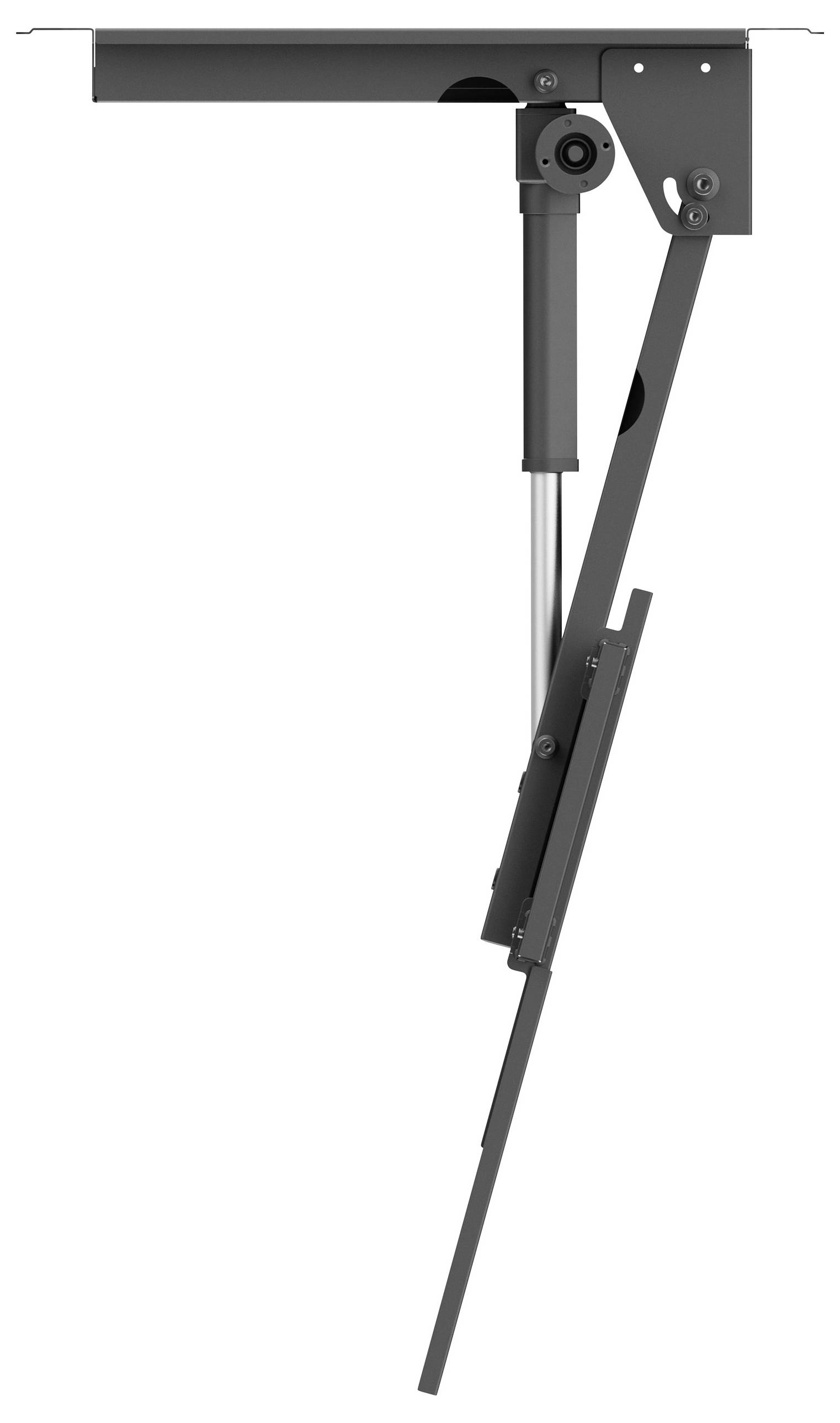 Zijaanzicht van een mechanische lift met een hydraulische zuiger, gebruikt voor verticale beweging, waarbij de structurele componenten en steunarms worden getoond.