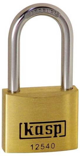 Een messing hangslot met een zilveren beugel. Het slot toont het merk 'kasp' en het nummer '12540' op zijn behuizing.
