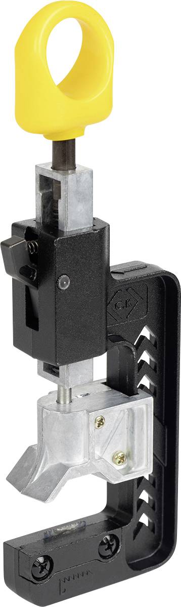 Deze afbeelding toont een zwart en metalen industrieel gereedschap met een felgele handgreep bovenaan. Het lijkt ontworpen voor mechanische of technische toepassingen.