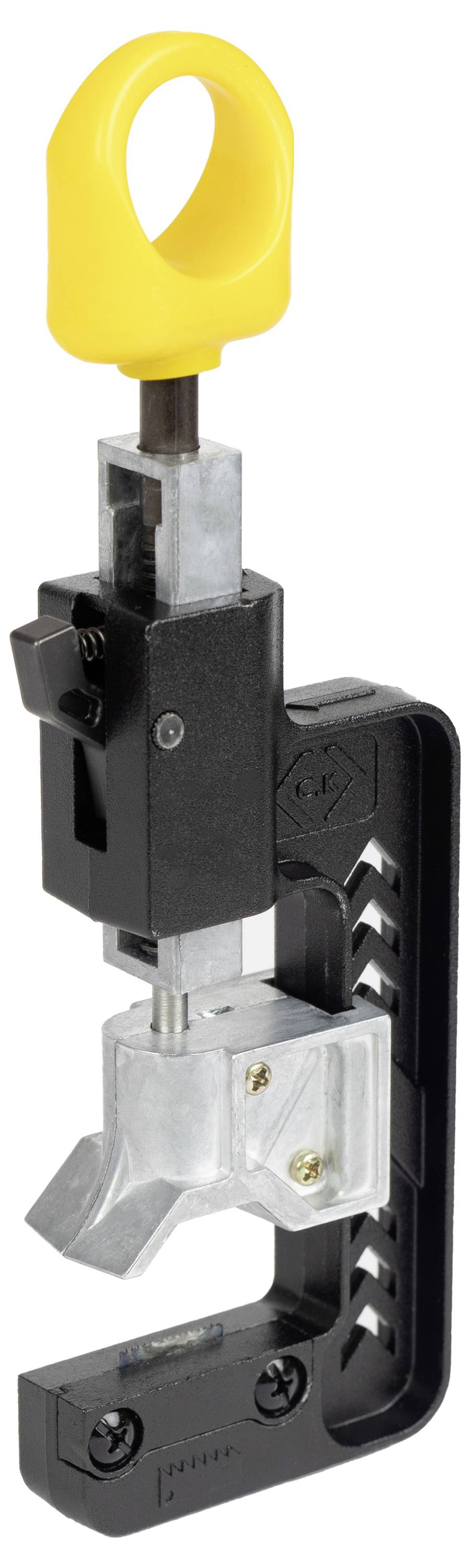 Een zwart en zilver mechanisch klemapparaat met een gele handgreep, uitgerust met verstelbare componenten voor het vastzetten van objecten.