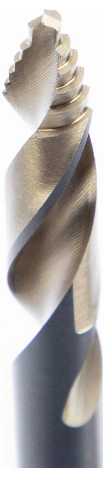 Close-up van een spiraalboorbeetje met een scherp, gedraaid metalen ontwerp, met de nadruk op zijn snijkanten en glanzende oppervlak.