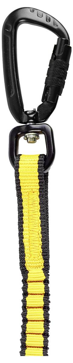 Een zwart en geel paracord sleutelhanger met een zwarte karabijnhaak bovenaan bevestigd.