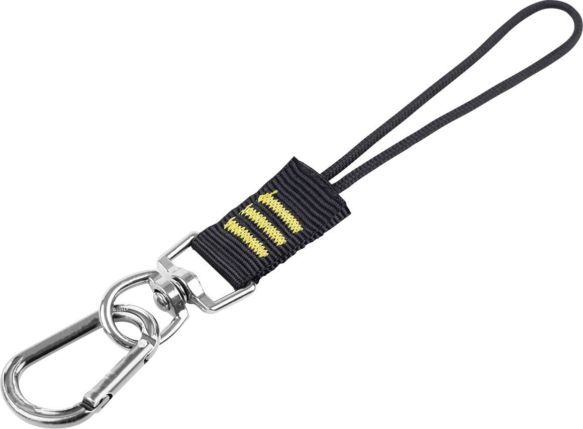 'Zwarte sleutelhangerband met een metalen karabijnhaak en twee gele pijlen geborduurd op de stof.'