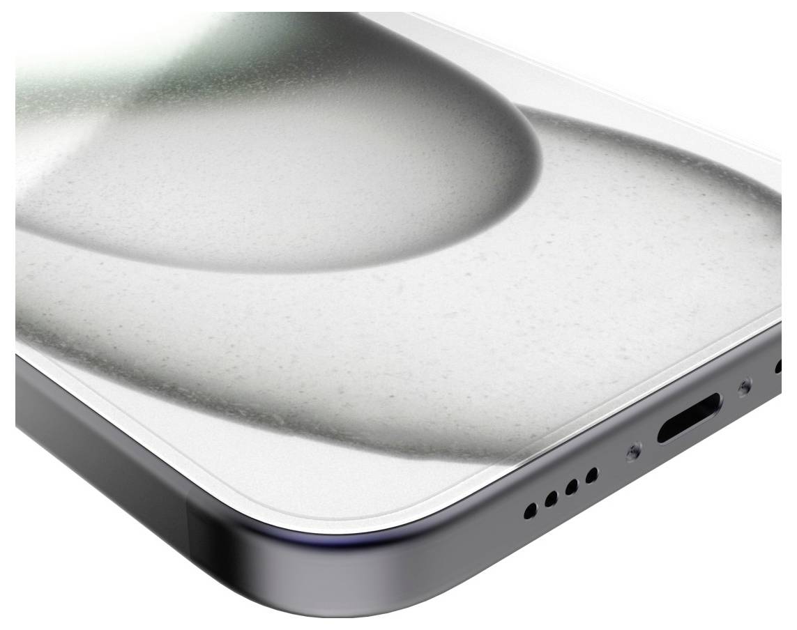 Een close-upfoto van een hoek van een smartphone, met de nadruk op zijn afgeronde randen en gestructureerde ontwerp. De oplaadpoort en speakergaatjes zijn zichtbaar.