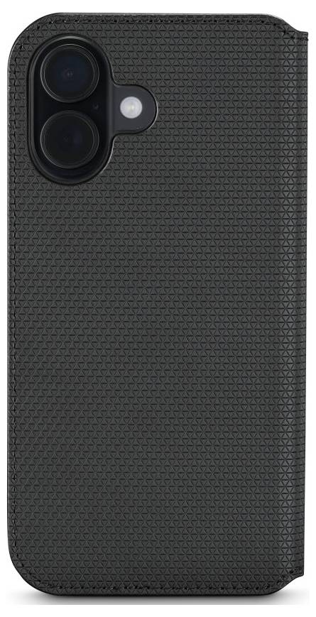 Een zwarte telefoonhoes met gestructureerd oppervlak, gezien vanaf de achterkant, met camera-uitsparingen en een licht afgeronde randenontwerp.