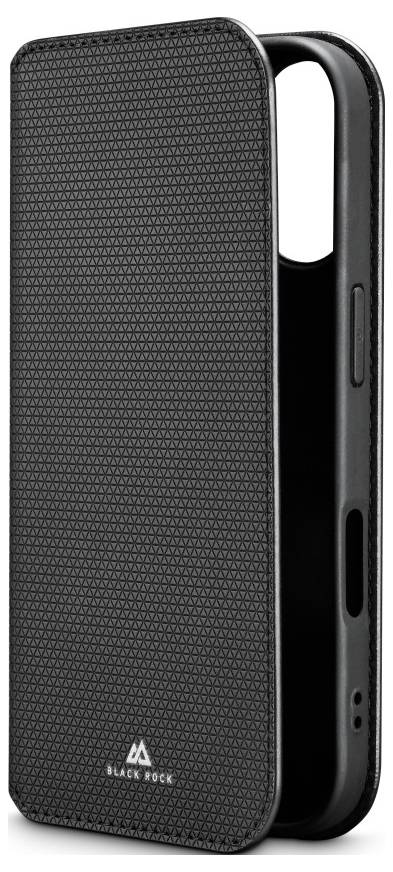 Een gestructureerde zwarte telefoonhoes met een omslagklep staat rechtop. De merknaam 'Black Rock' is geborduurd nabij de onderkant van de klep.