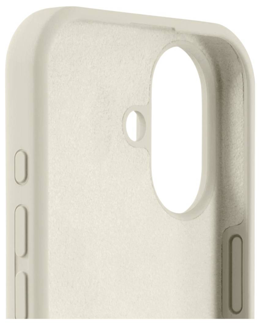 Een beige mobiele telefoonhoes met nauwkeurige uitsneden voor camera en zijknoppen, die een strak, minimalistisch design laat zien.