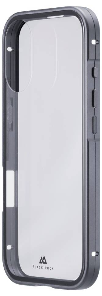 Een transparante smartphonehoes met een zwarte rand, voorzien van uitsparingen voor poorten en knoppen, gemarkeerd met 'Black Rock' onderaan.