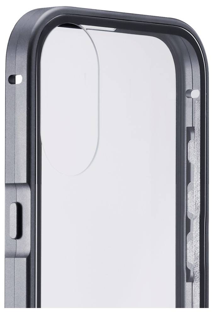 'Een close-up van een beschermende telefoonhoes met een uitsparing voor de camera en toetskappen, waarbij de hoek en zijkanten worden getoond.'