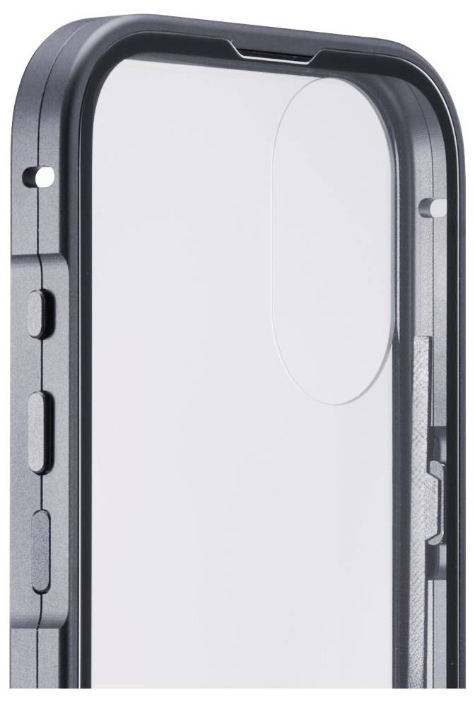 iPhone hoesje met een transparante achterkant en ingebouwde MagSafe ring, met precisie uitsnijdingen voor knoppen en camera's, in een donkere framekleur.