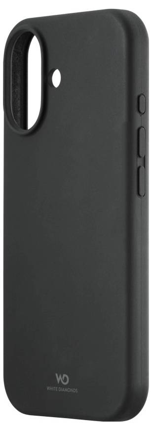 Een zwarte smartphonehoes met een uitsparing voor de camera en zijknoppen. De hoes heeft een 'Wo' logo onderaan.