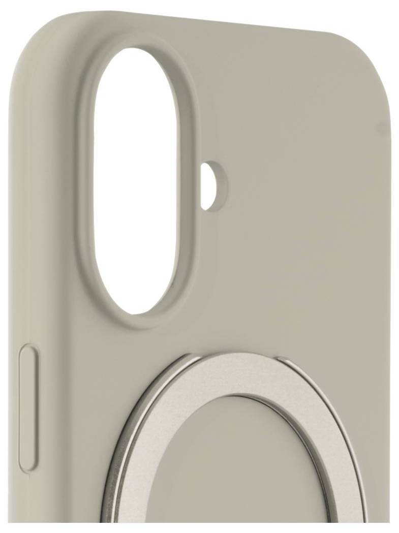 Een beige telefoonhoesje met een cirkelvormige ringstandaard aan de achterkant, voorzien van een uitsparing voor de camera en knoppen aan de zijkant.