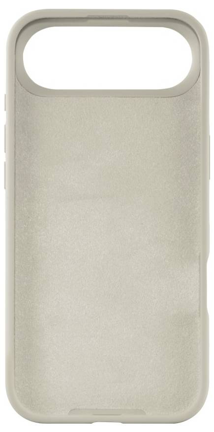 Een beige telefoonhoesje met een grote cameracutout aan de bovenkant, met een gladde textuur.