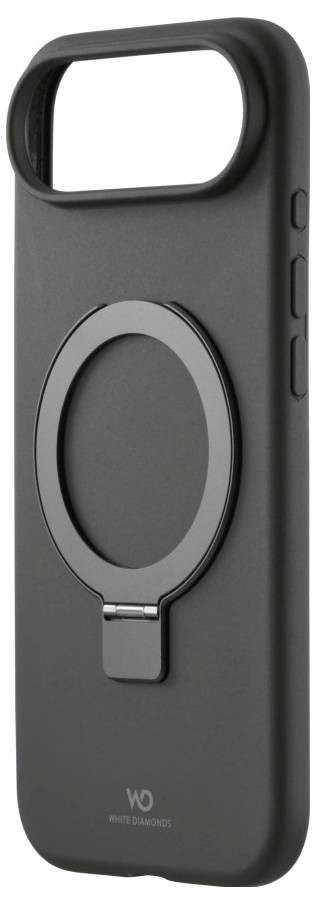 Een zwarte smartphone-hoes met een rond metalen ring en een rechthoekige camera-uitsparing, ontworpen voor grip en bescherming.