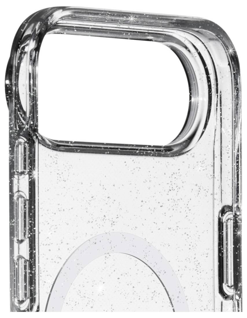Een transparante telefoonhoes met een glitterdesign wordt getoond, voorzien van versterkte hoeken en uitsparingen voor de camera en knoppen.