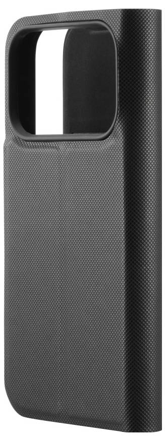 Een zwarte gestructureerde beschermende telefoonhoes met een grote opening voor de camera.