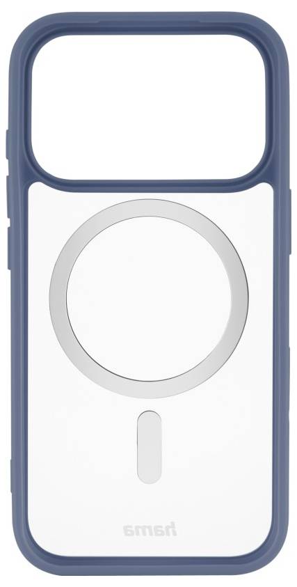 Een blauwe smartphone-hoes met een MagSafe-compatibele ring aan de achterkant, die bescherming biedt en compatibel is met magnetische accessoires.