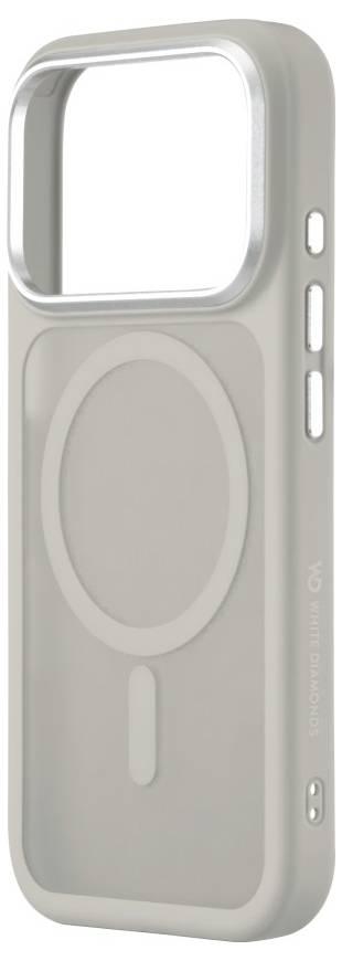 Een beige smartphone hoesje met een rechthoekige cameracutout, geïntegreerde MagSafe ring en zijknopbedekking.