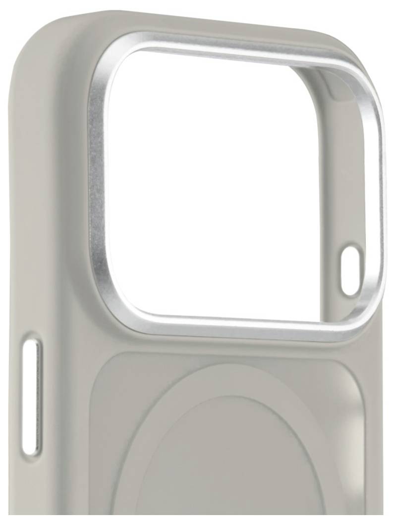 Een beige telefoonhoesje met een grote rechthoekige camerauspaaring en metalen rand, ontworpen om te passen op een smartphone met dubbele camera.