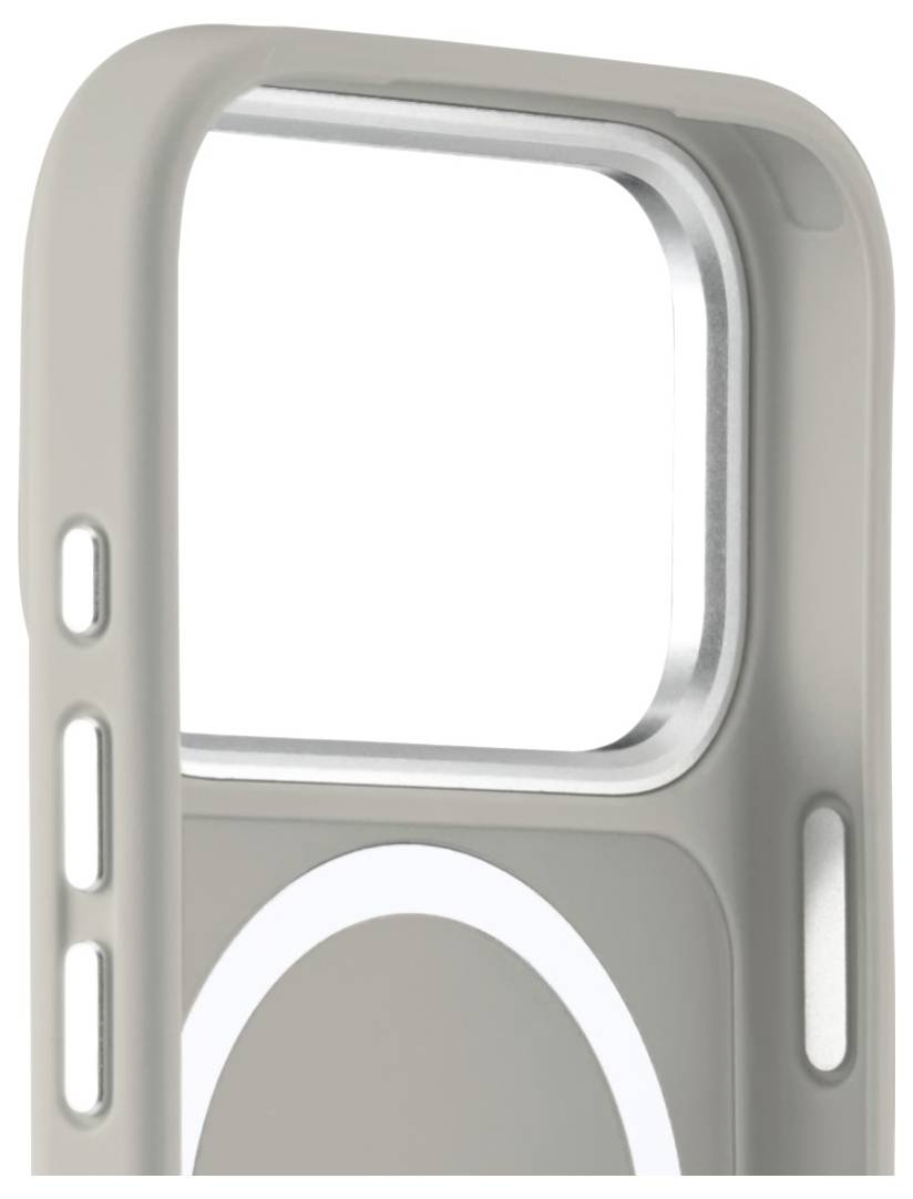 Een close-up van een hoek van een smartphonehoes, met uitsnedes voor de camera, knoppen en een decoratief cirkelvormig patroon.