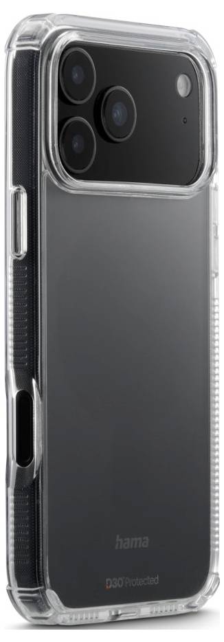 De afbeelding toont een zwarte smartphone met een transparante beschermhoes, met drie cameralensen en een flitser in de linkerbovenhoek aan de achterkant.