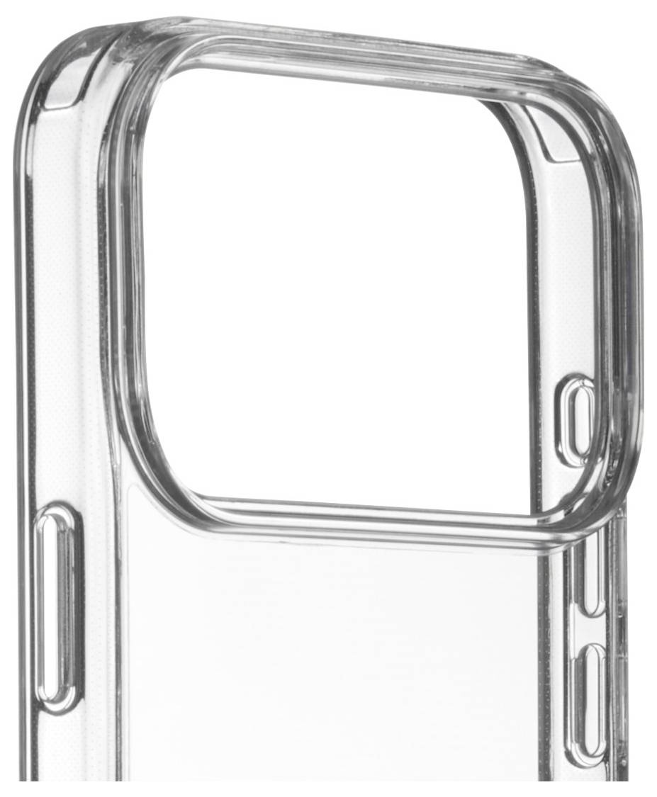 Een transparante telefoonhoes met versterkte hoeken, ontworpen om een smartphone te beschermen, met uitsparing voor knoppen en camera.