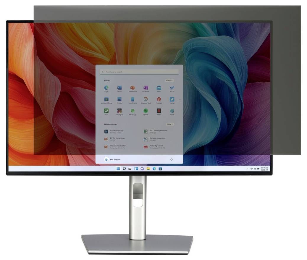 Een computermonitor met een kleurrijke abstracte achtergrond toont een semi-transparant privacyfilter.