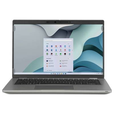 Een laptop met een Windows-besturingssysteem homescreen, waarop verschillende toepassingspictogrammen worden weergegeven en een achtergrond met groenblauw en grijze golven.