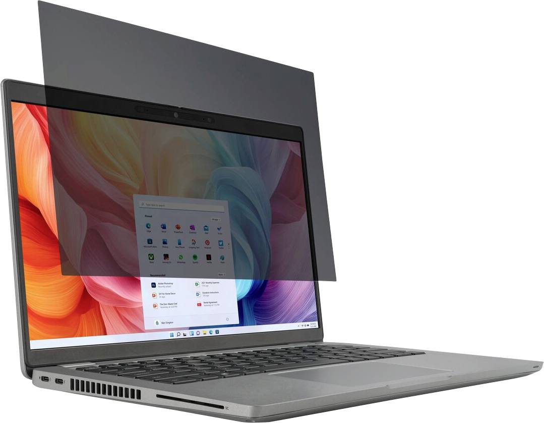 Een laptop met een Windows-interface, gedeeltelijk verborgen achter een privacyscherm dat laat zien hoe het kijken vanuit bepaalde hoeken wordt voorkomen.