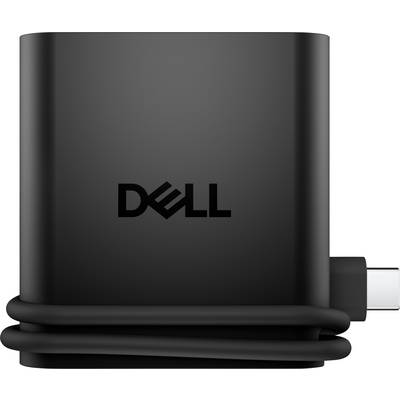 Een zwarte Dell-voedingsadapter met een gekruld USB-C-snoer, met het Dell-logo prominent zichtbaar.
