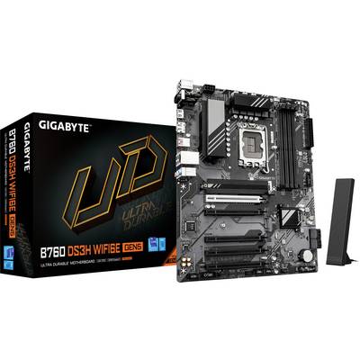 Gigabyte B760 DS3H WiFi 6E-moederbord naast zijn verpakkingsdoos, waarbij de 'Ultra Durable' en Wi-Fi 6E-functies worden geaccentueerd.