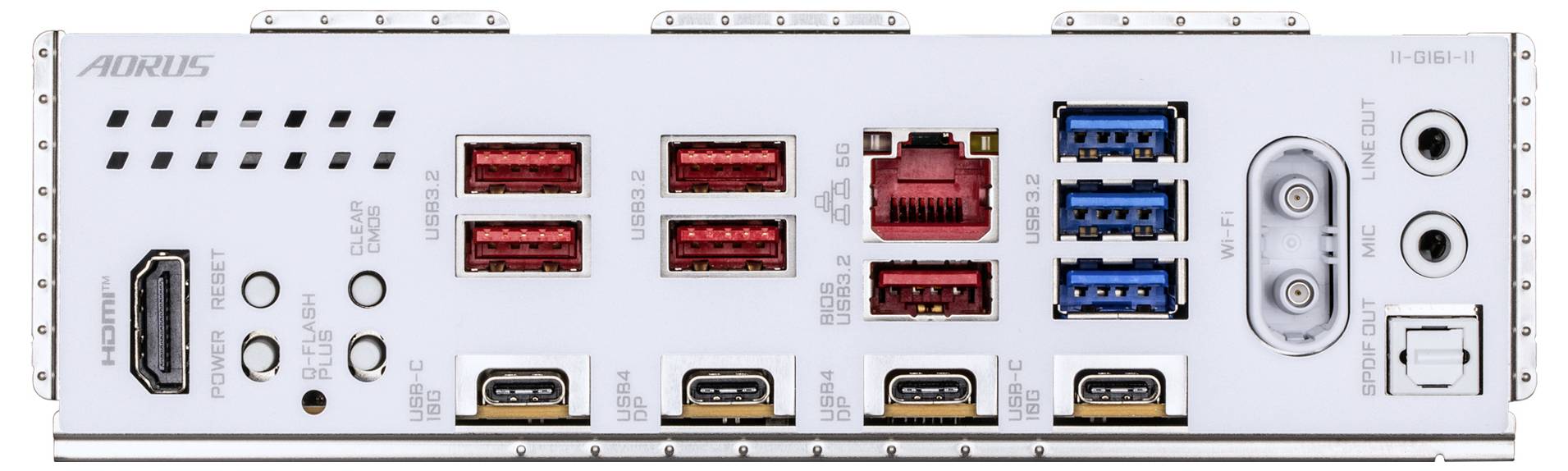 Een computermoederbord-achterpaneel met aansluitingen dat HDMI, USB en Ethernet-poorten, audio-aansluitingen en gelabelde functies voor connectiviteit toont.